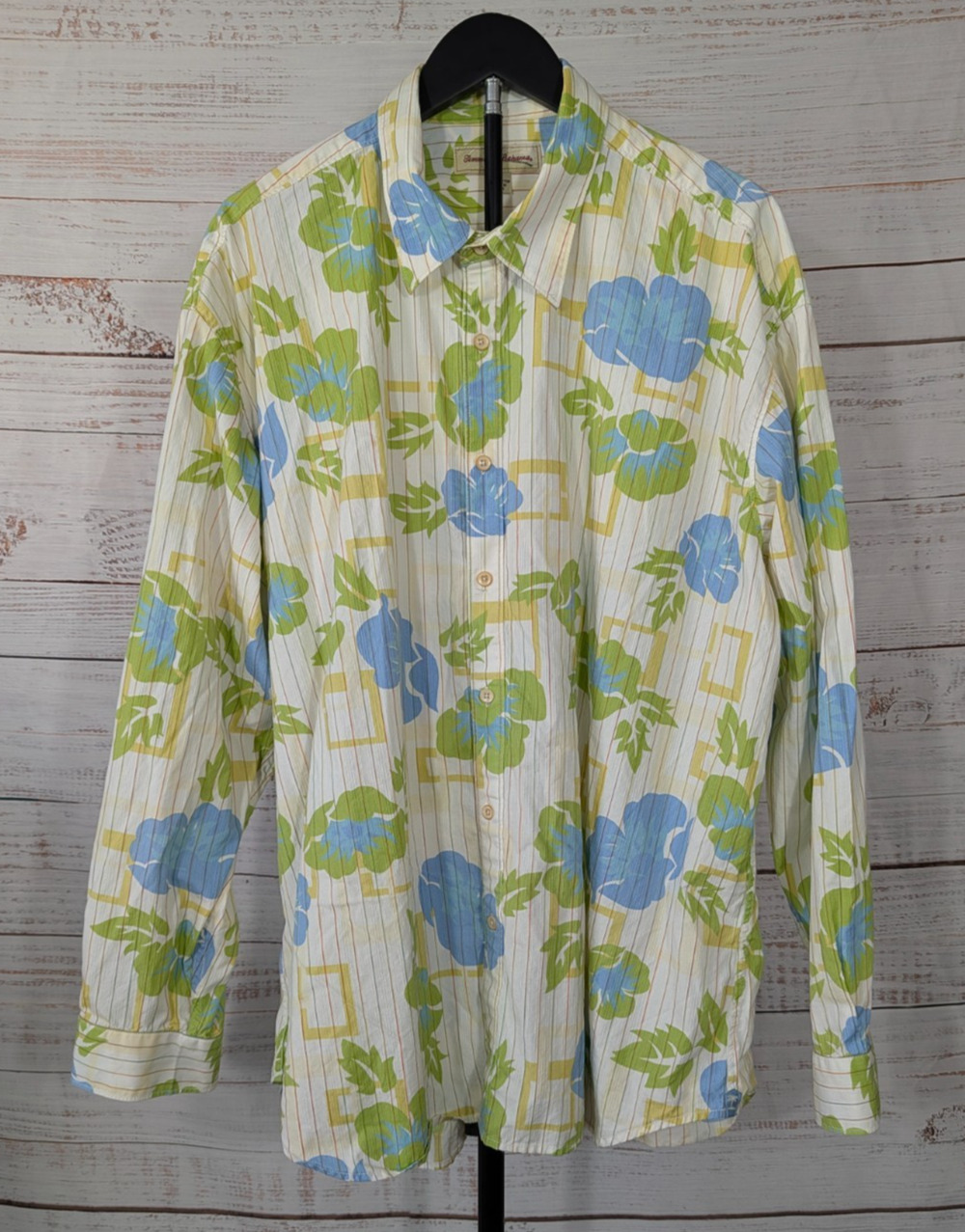 Y2K Tommy Bahama Shirt Men 2XL Blue Yellow White Striped Button Down  Flip Cuff
